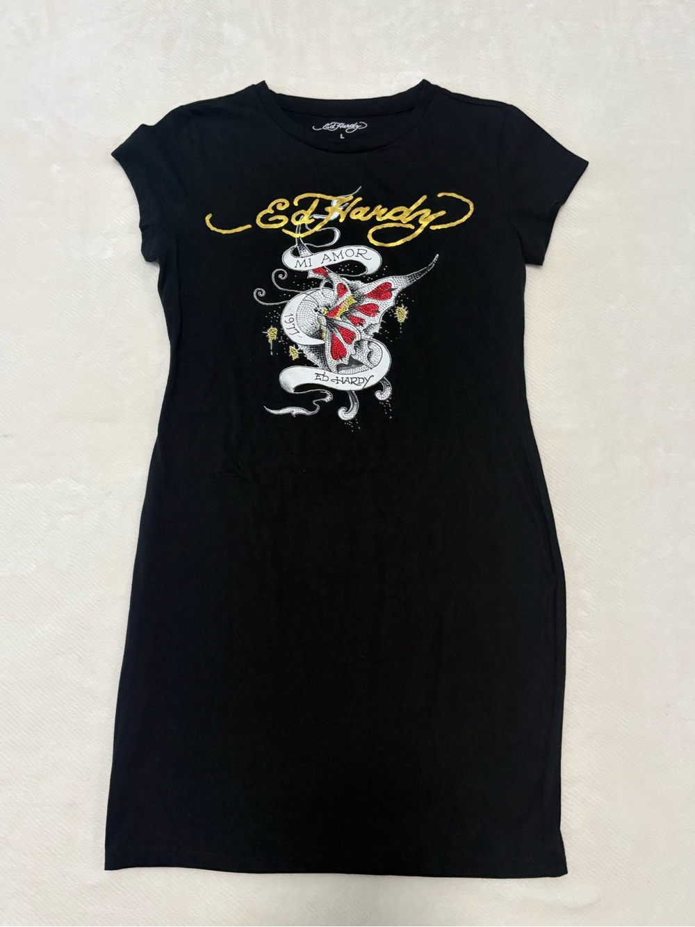 Ed Hardy Black Tee Dress with Yellow Logo and Red Butterfly